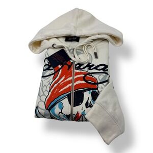 Ed Hardy Mens Ivory Skull Graphic Full Zip Hooded Sweatshirt Large EHMTJ1301-17